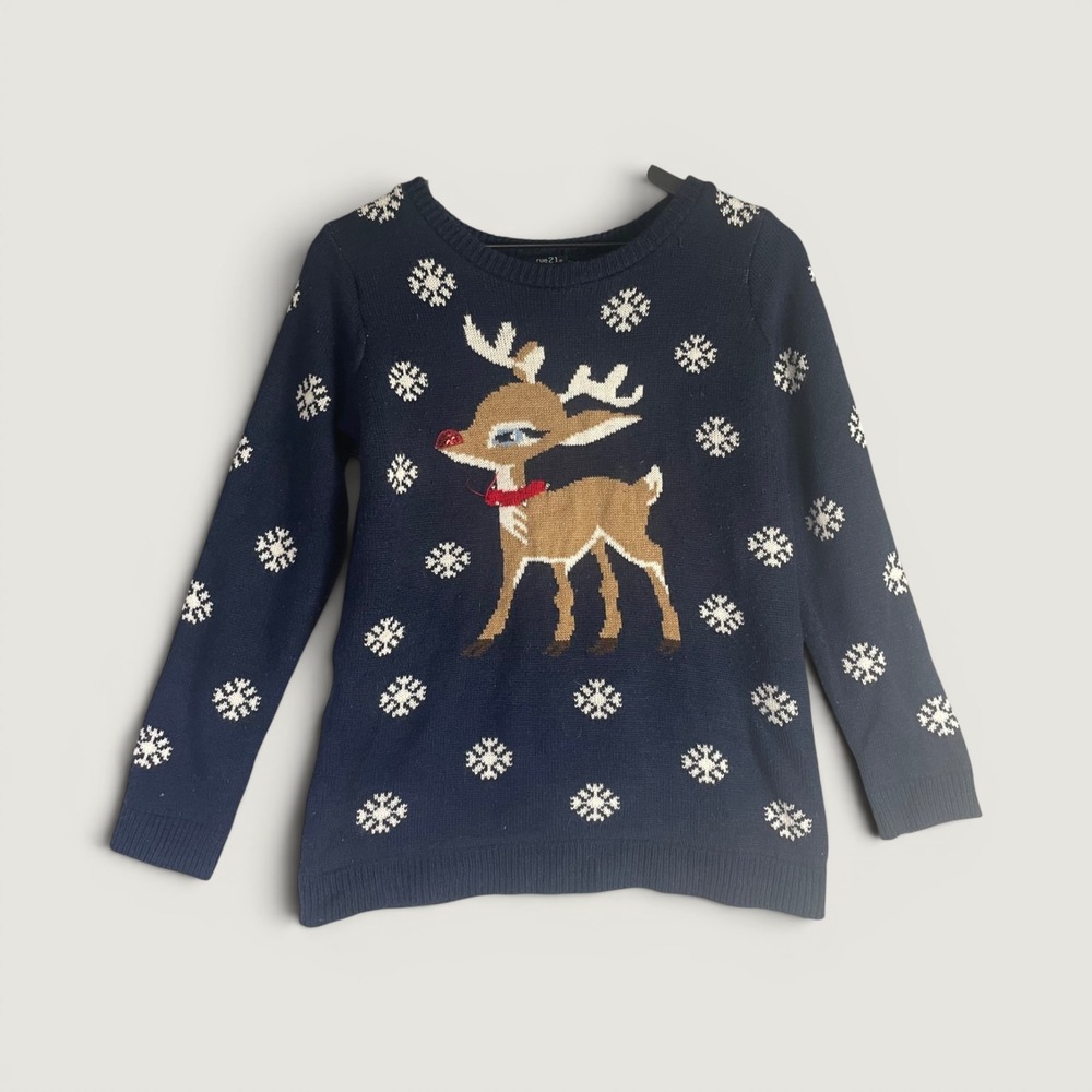 Christmas Reindeer Sweater Womens M Navy Rue21 Snowflake Holiday Pullover